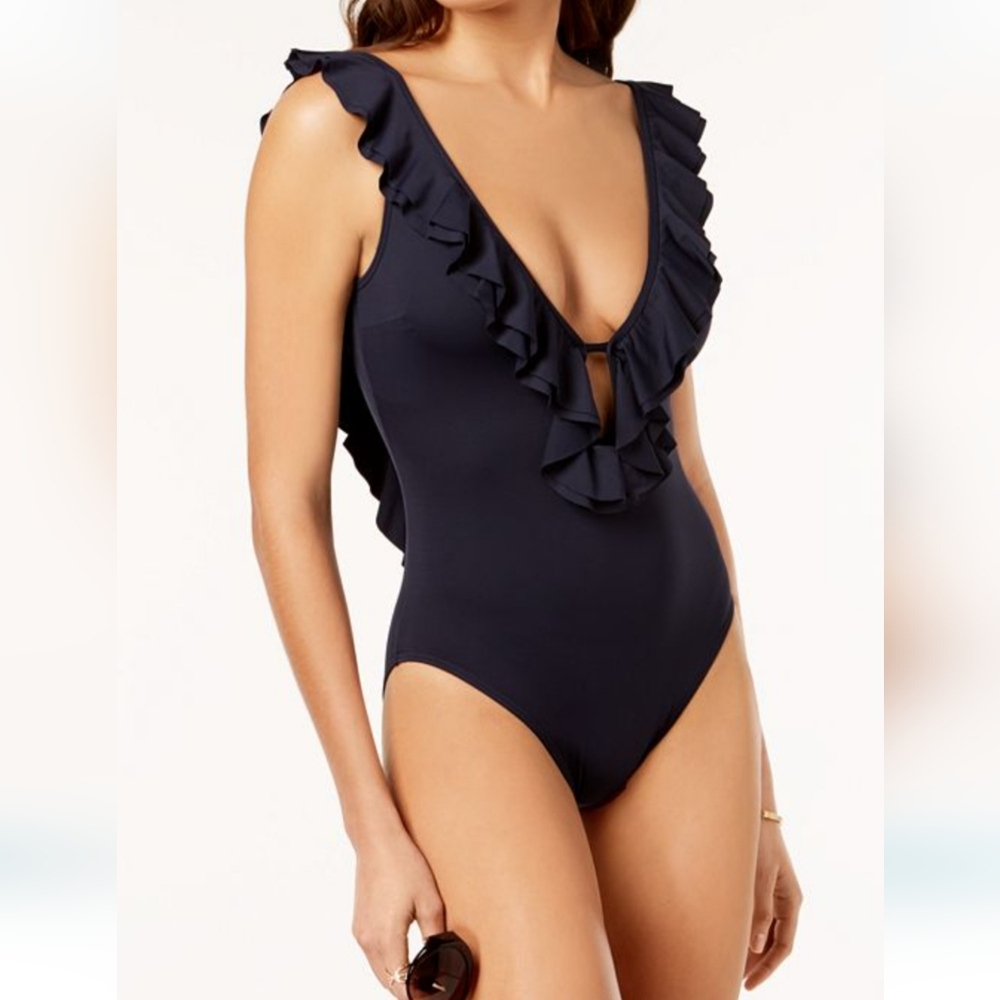NWT Michael Kors Size 10 Black Ruffle front scoop swimwear